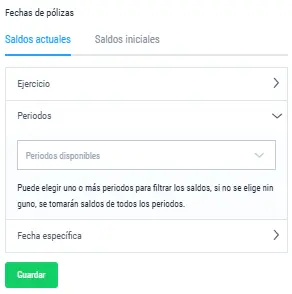 Filtros de saldos actuales en el Balance General de Evidence ERP